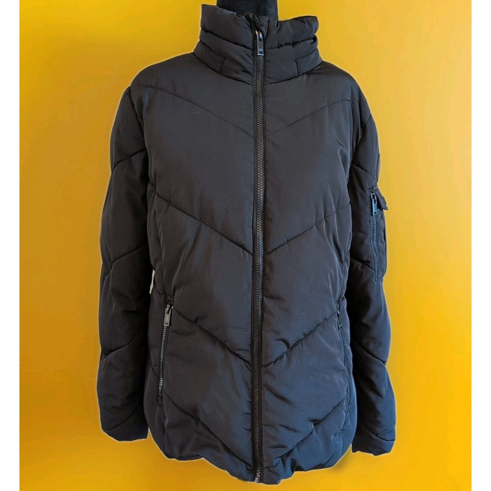 DKNY Jacket Insulated Poly Fill Quilted Full Zip Coat Black Womens L Mid Length